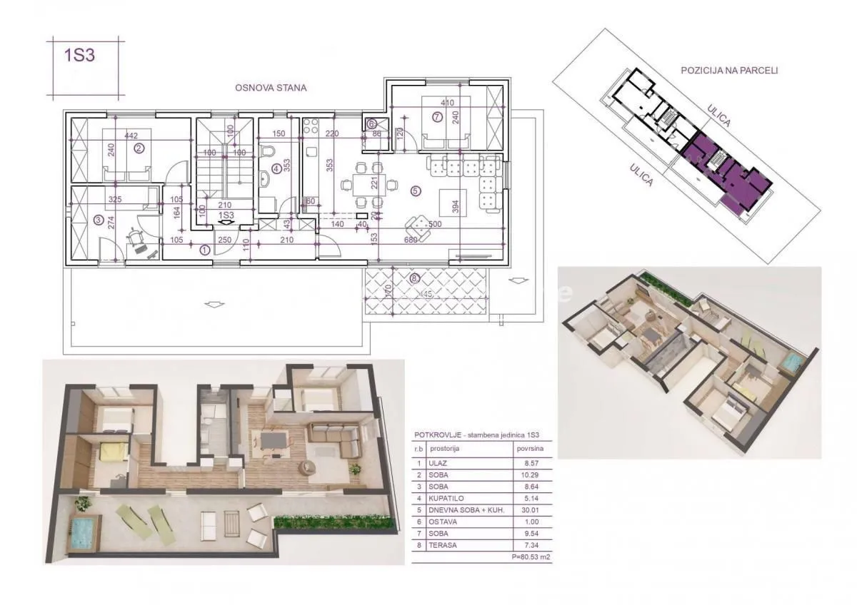 Osnova stana sa rasporedom prostorija, dimenzijama i 3D prikazom.