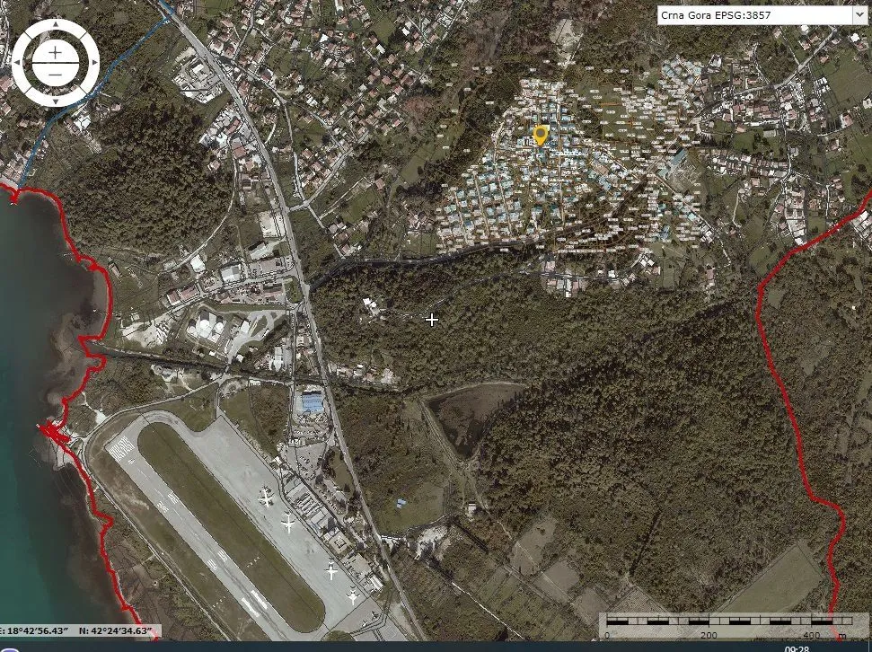 Satellite view of the land plot location near Tivat airport.