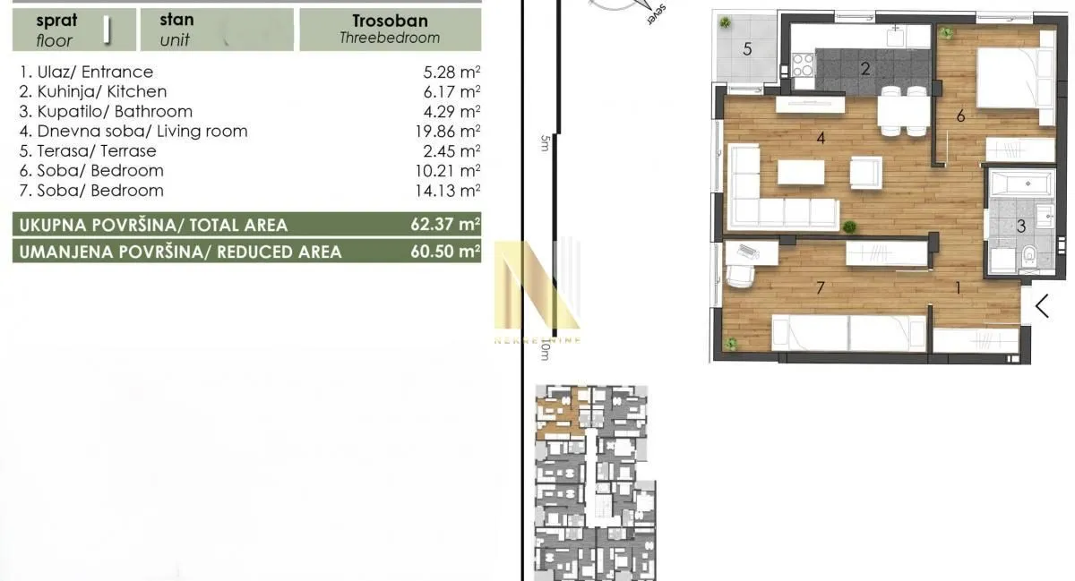 Prodaja, trosoban stan, 62m², Telep, Novi Sad Sve Podlokacije