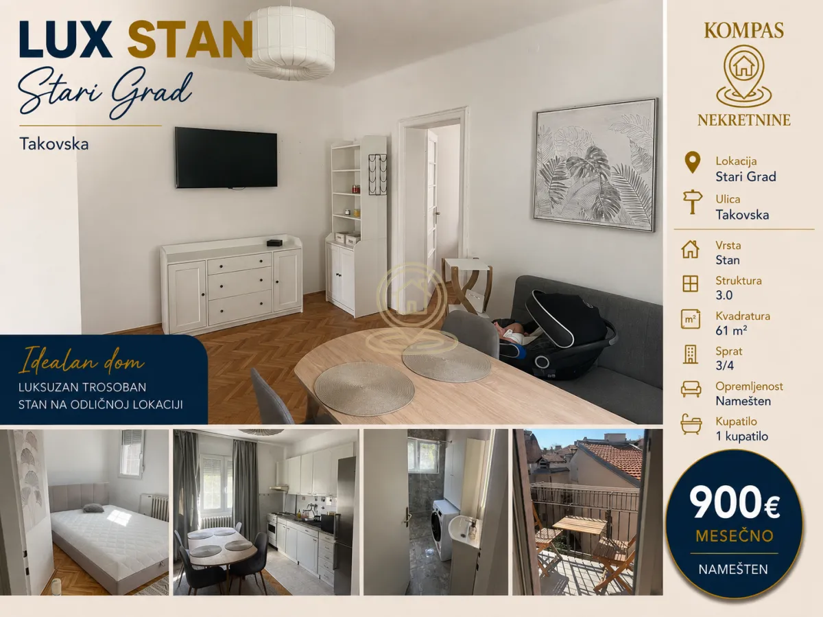 Rent, three bedroom apartment, 61m², Stari Grad, Beograd