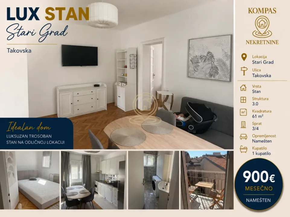 Izdavanje, trosoban stan, 61m², Stari Grad, Beograd