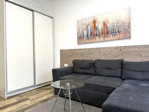 Living room with a sofa, coffee table, large wardrobe, and wall art. - image 2