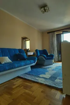 Simple living room featuring a blue sofa set and a matching carpet. - image 13