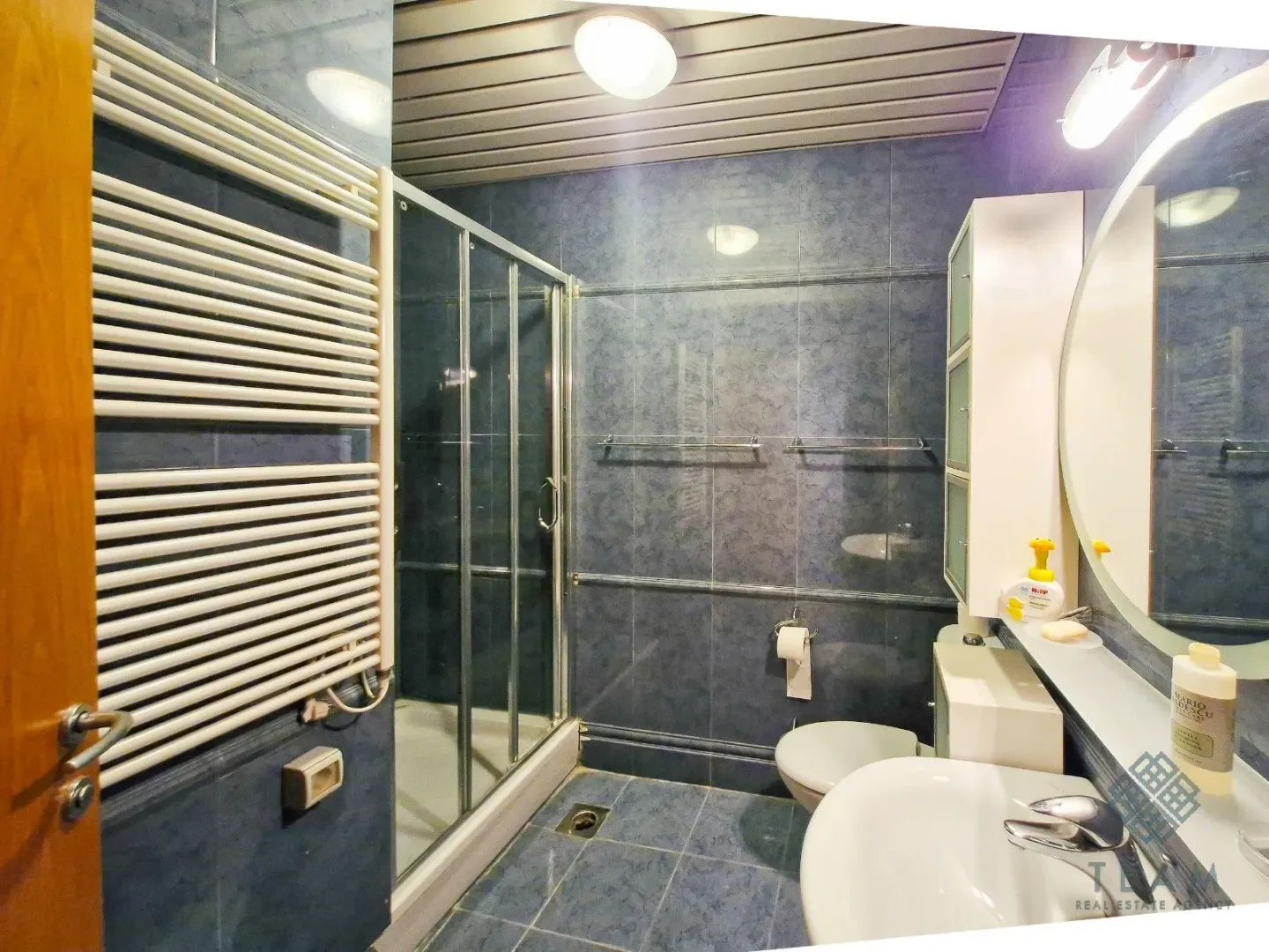 Bathroom tiled in blue with a shower cabin, washbasin, and toilet.