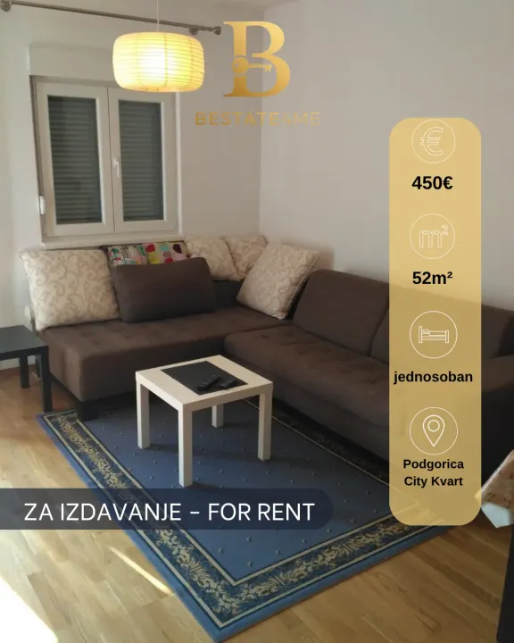 Rent, one bedroom apartment, 52m², City Kvart, Podgorica