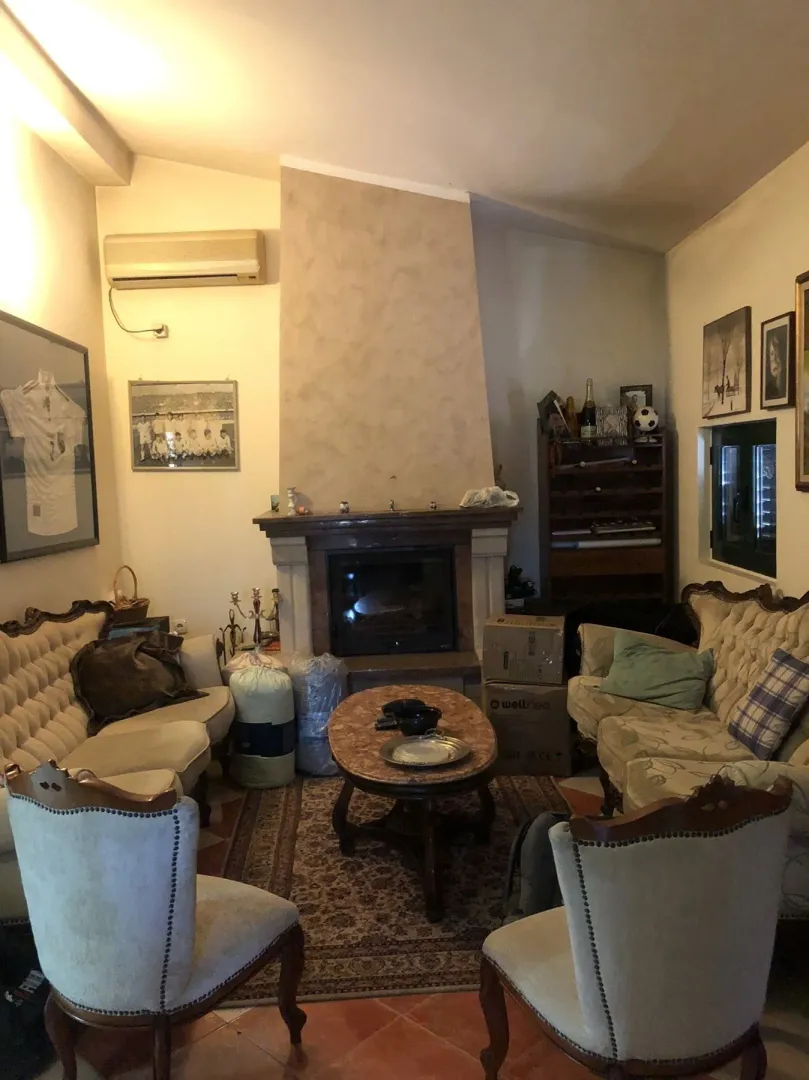 A living room featuring a fireplace, classic-style furniture, and a coffee table.
