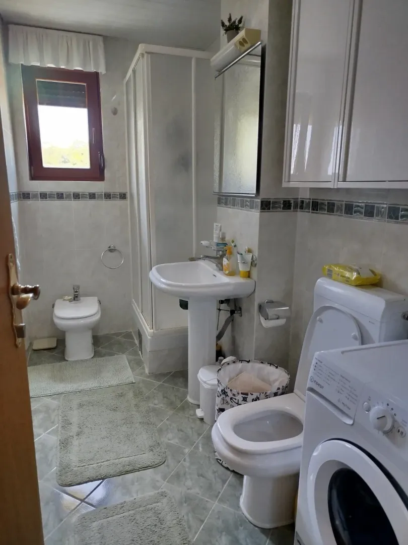 Manje kupatilo sa tuš kabinom, umivaonikom, WC šoljom i veš mašinom.
