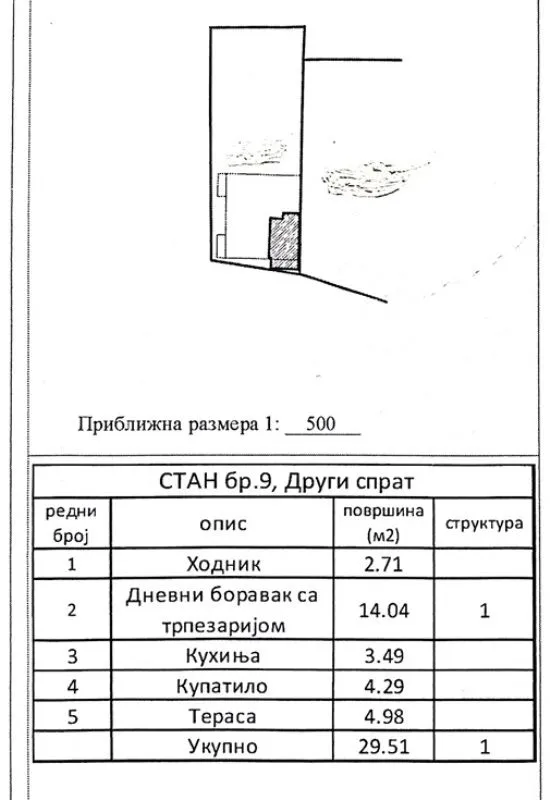 Floor plan of the apartment with a room area table.