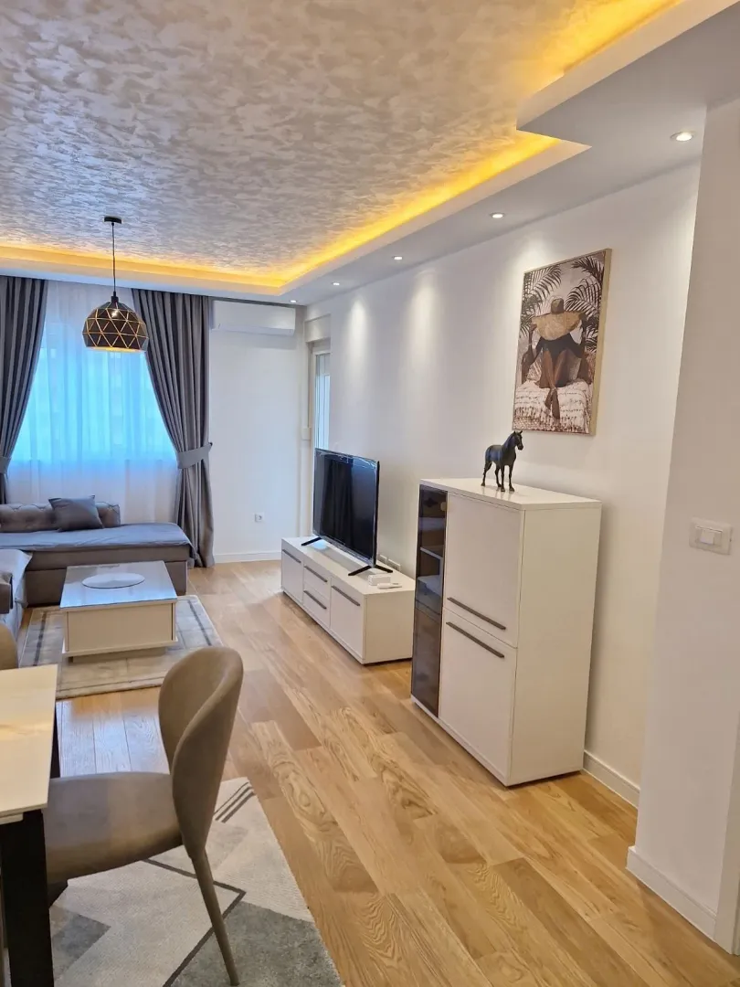 Svijetla dnevna soba sa modernim namještajem i dekorativnom rasvjetom.