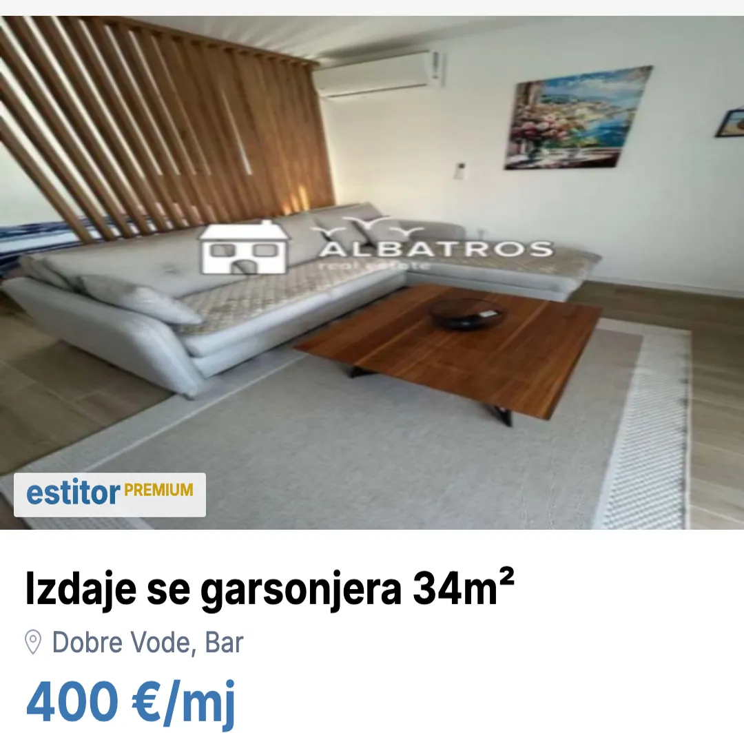 Izdavanje, garsonjera, 34m², Dobre Vode, Bar