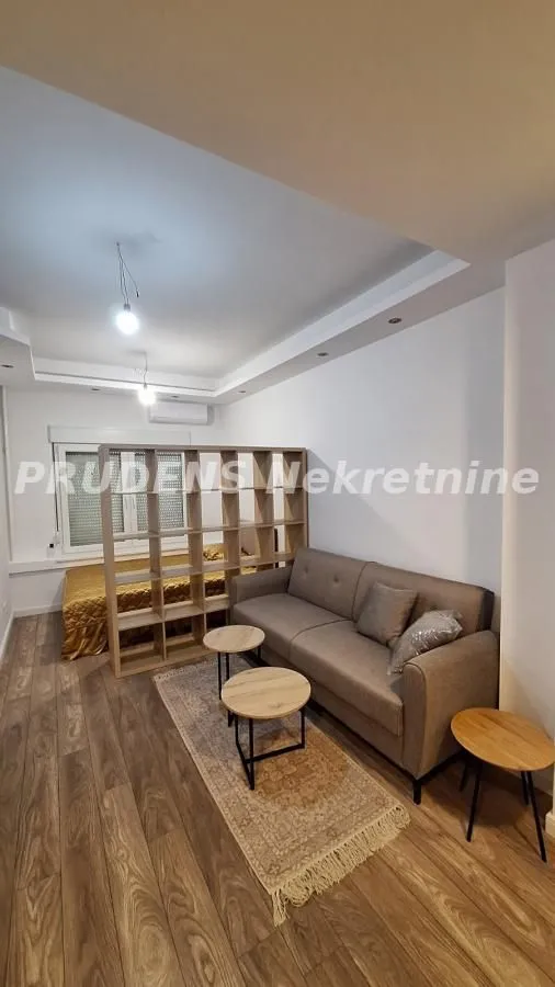 Dnevna soba sa garniturom, stočićima i pregradnom policom iza koje se nalazi krevet.