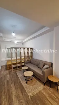 Dnevna soba sa garniturom, stočićima i pregradnom policom iza koje se nalazi krevet. - image 6
