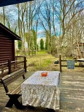 Wooden terrace with a table and bench overlooking the forest. - image 5
