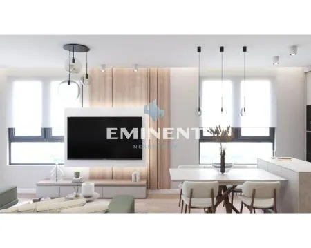 Modern living room with dining area and TV panel. - image 3