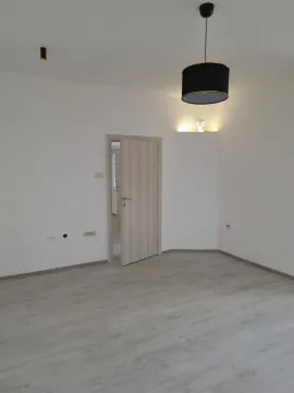 Empty room with light laminate flooring, white walls, and a black pendant light. - image 7