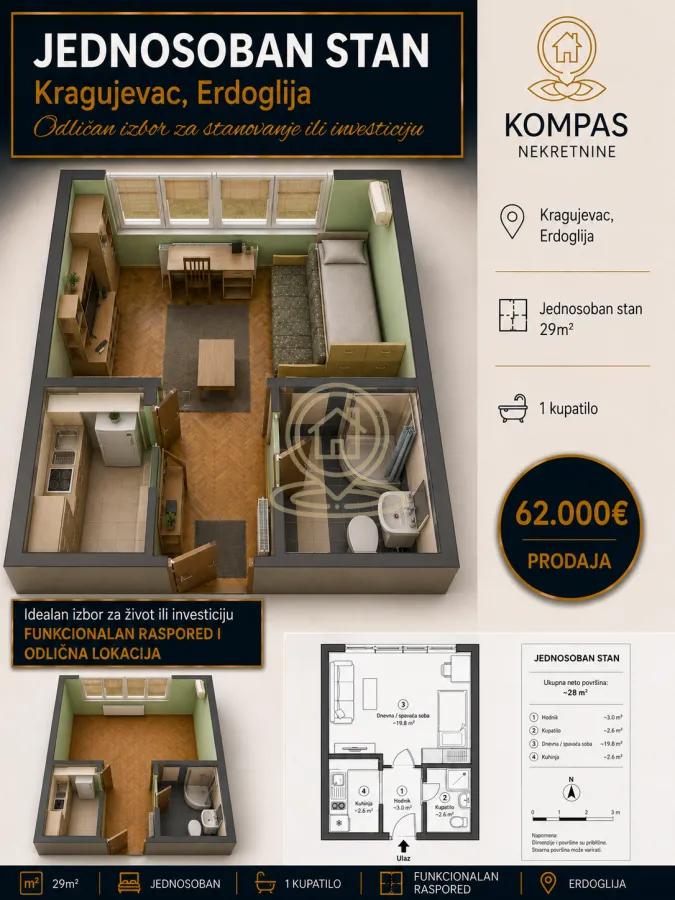 Sale, one bedroom apartment, 29m², Erdoglija, Kragujevac