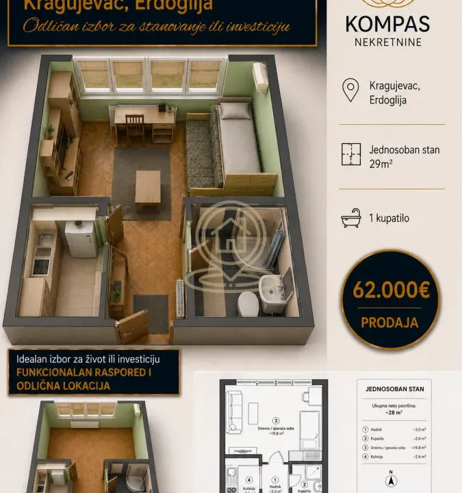 Sale, one bedroom apartment, 29m², Erdoglija, Kragujevac