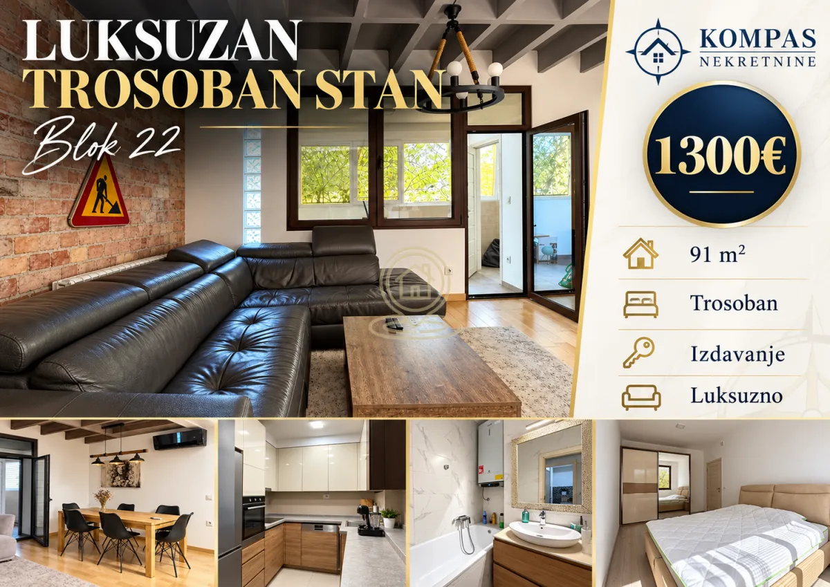 Living room with a sofa and terrace access, accompanied by photos of the kitchen, bathroom, and bedroom.