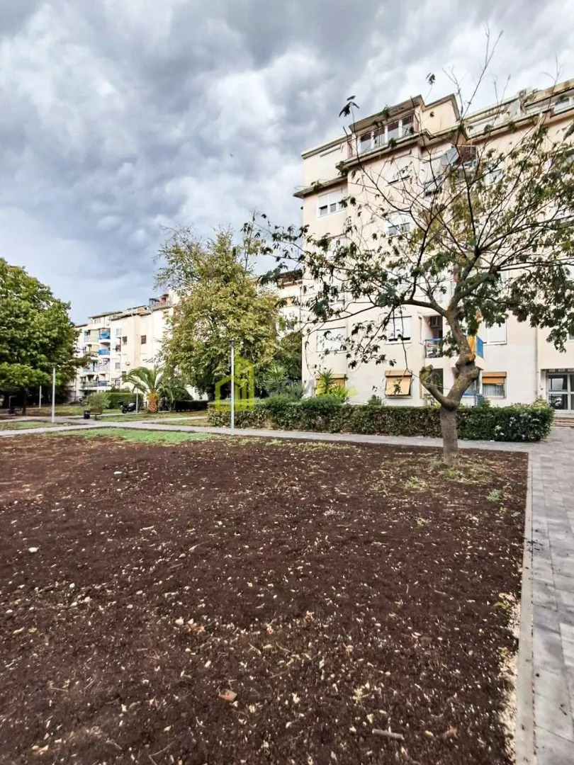 View of the exterior of the building with a landscaped yard and walkway.