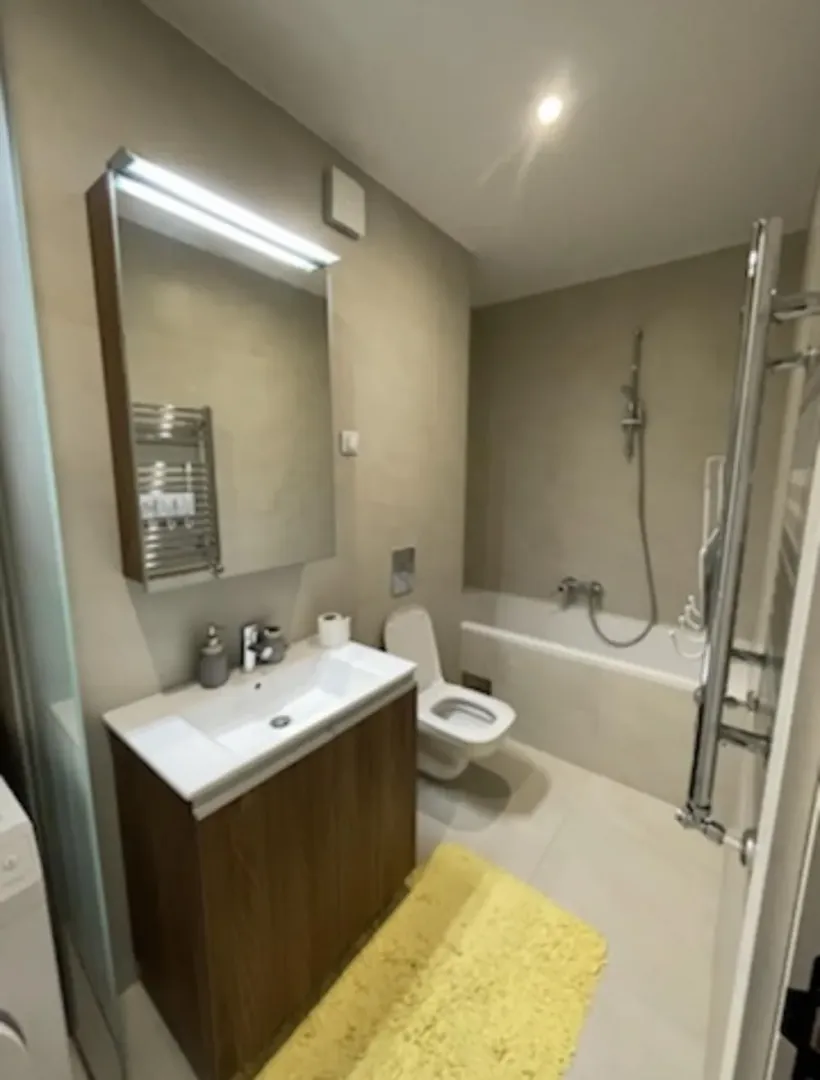 Modern bathroom with a sink, toilet, and bathtub.