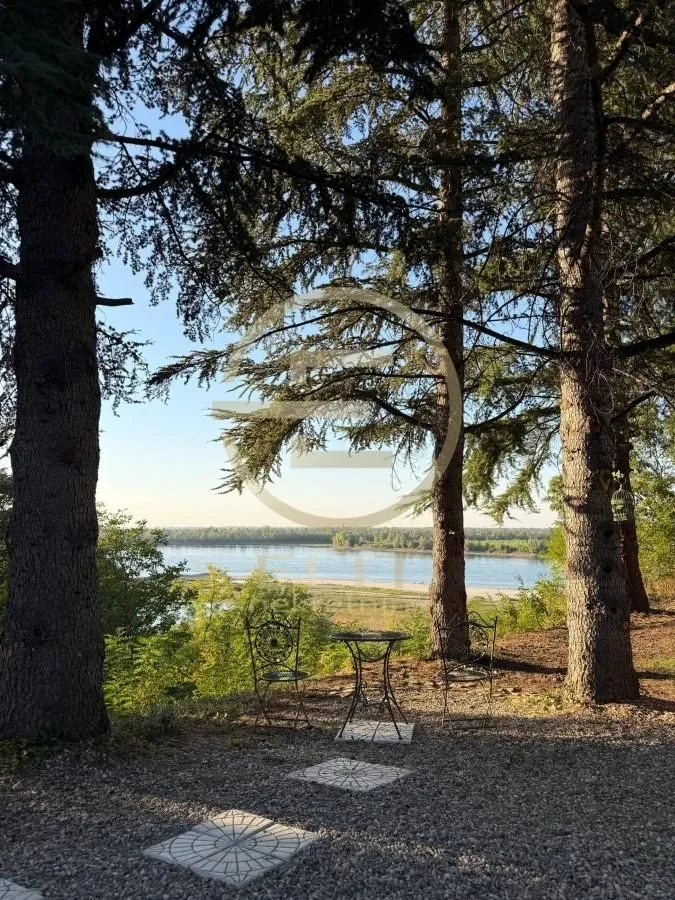 Dvorište sa garniturom za sedenje i pogledom na reku kroz stabla.