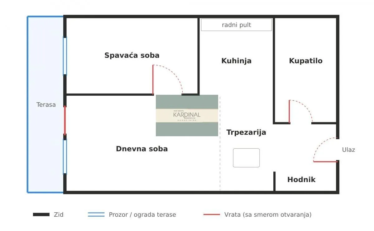 Dvofazni tlocrt stana sa rasporedom prostorija i terasom.