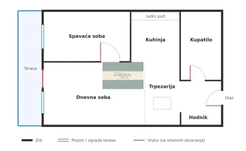 Dvofazni tlocrt stana sa rasporedom prostorija i terasom. - image 2