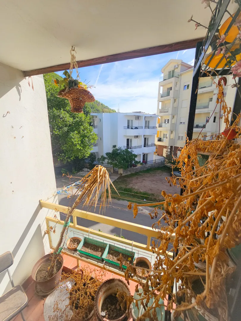 Manji balkon sa saksijama i pogledom na okolne zgrade.