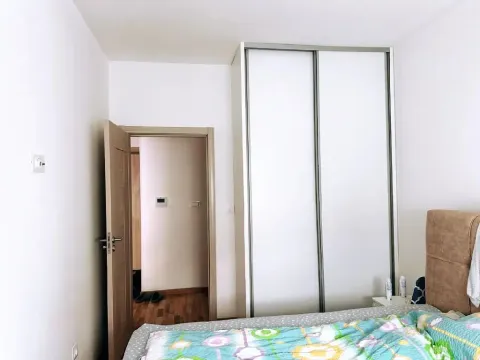 Spavaća soba sa bračnim krevetom, ugradnim plakarom i vratima koja vode u hodnik. - image 5