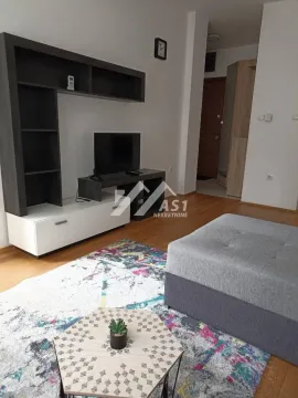 Dnevna soba sa garniturom, TV komodom i šarenim tepihom. - image 8