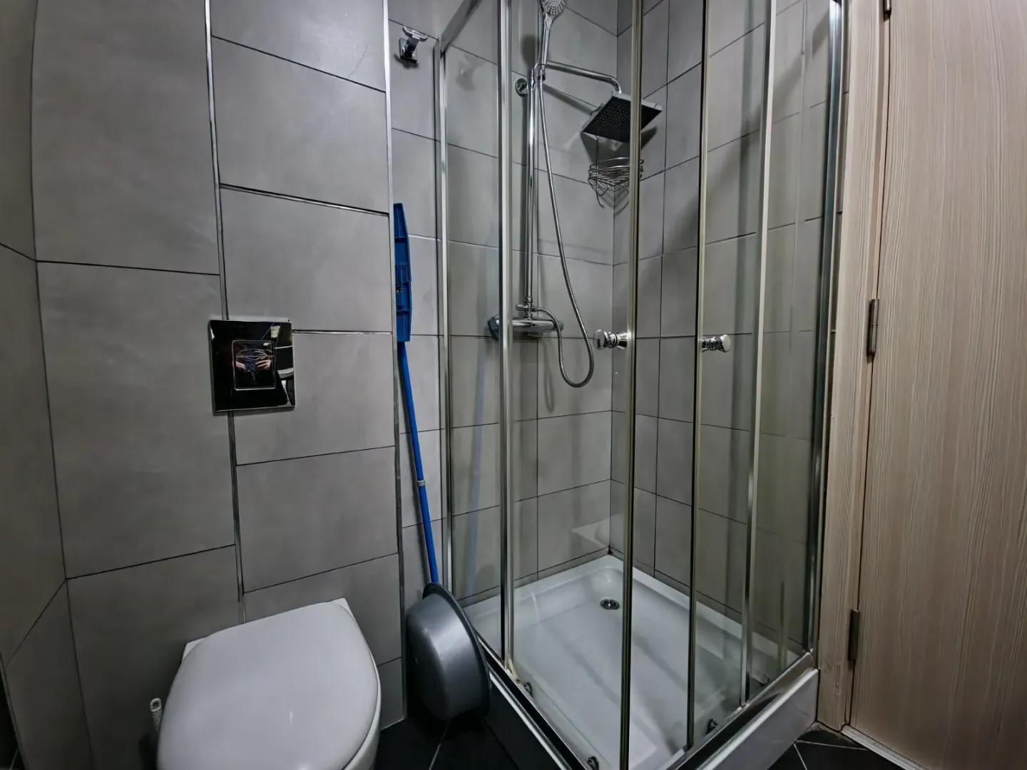 Modern bathroom with a shower cabin and a built-in toilet.