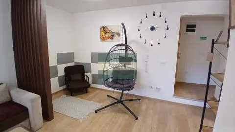 Dnevna soba sa foteljom, visećom stolicom i dekorativnim satom na zidu. - image 4
