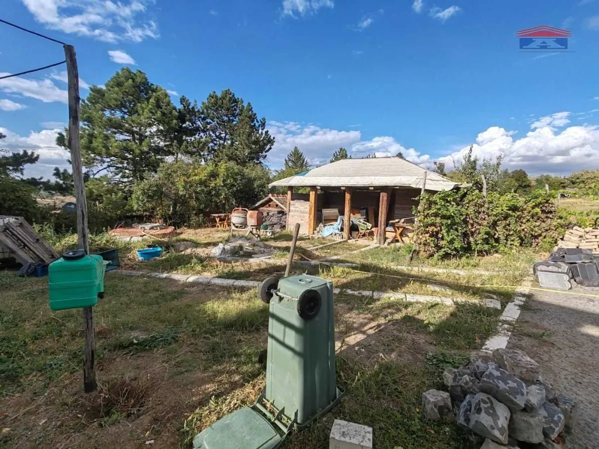 View of the yard with an outbuilding and greenery.