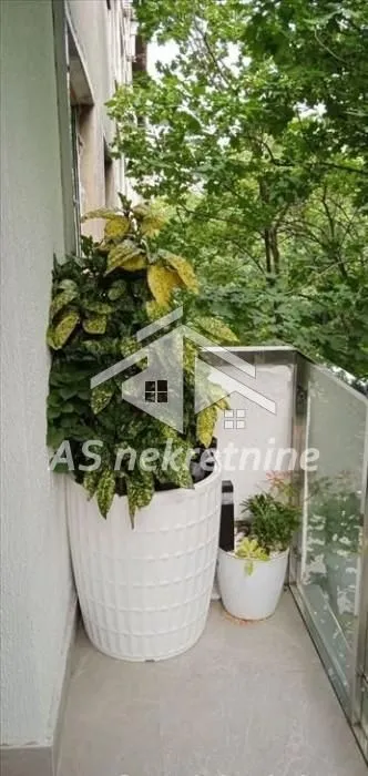 Manji balkon sa ukrasnim biljem u saksijama i pogledom na zelenilo.