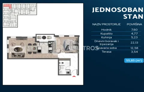 Osnova jednosobnog stana sa rasporedom prostorija i površinama. - image 18