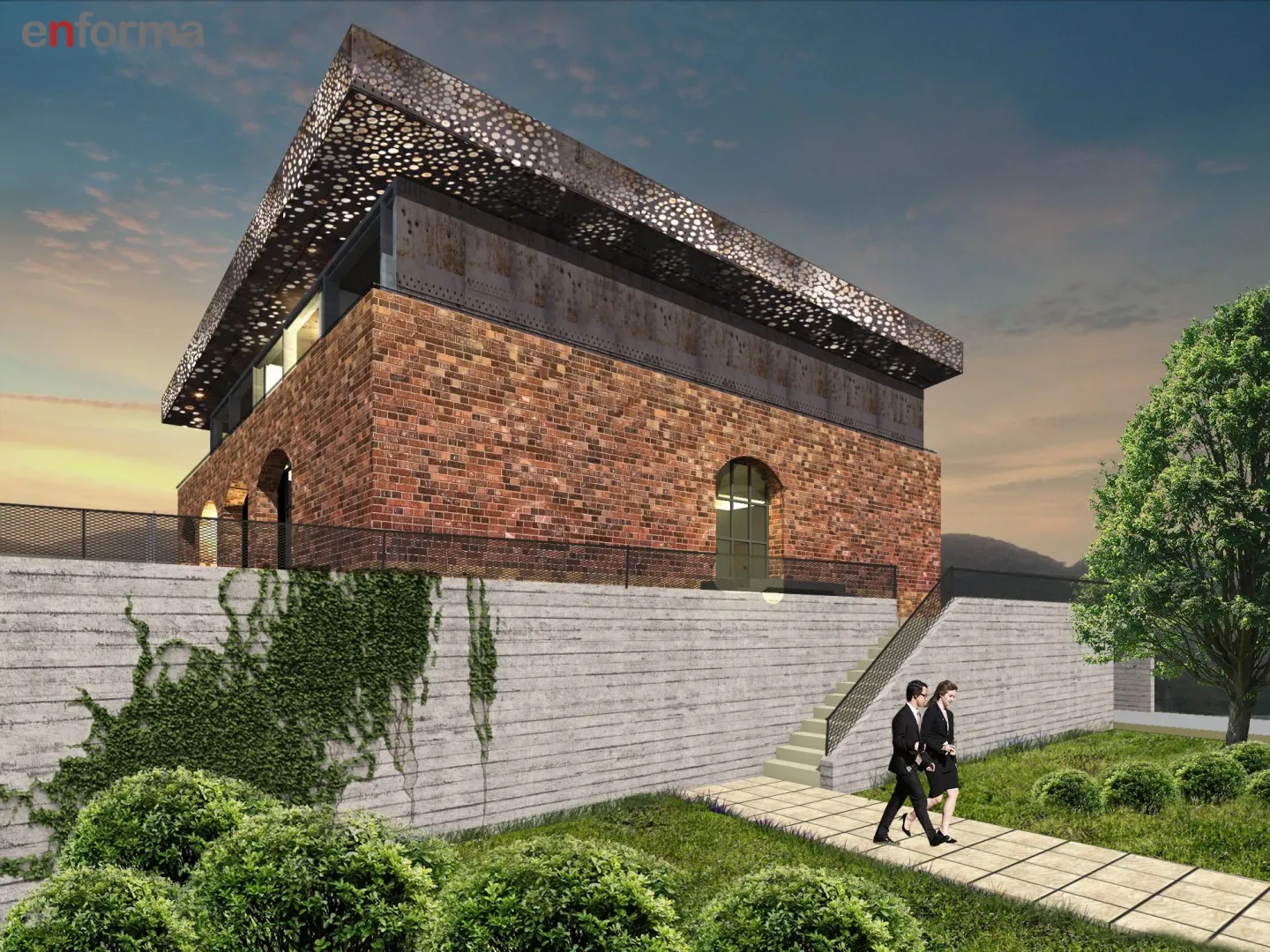 Exterior view of a modern brick building with a landscaped yard.