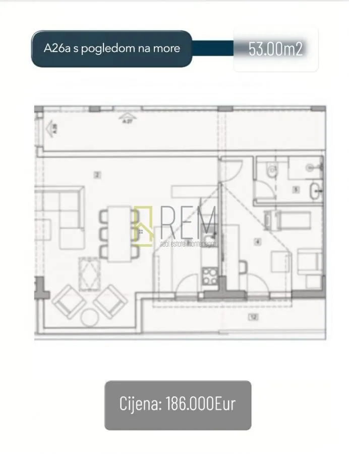 Prodaja, jednosoban stan, 53m², Adok, Budva