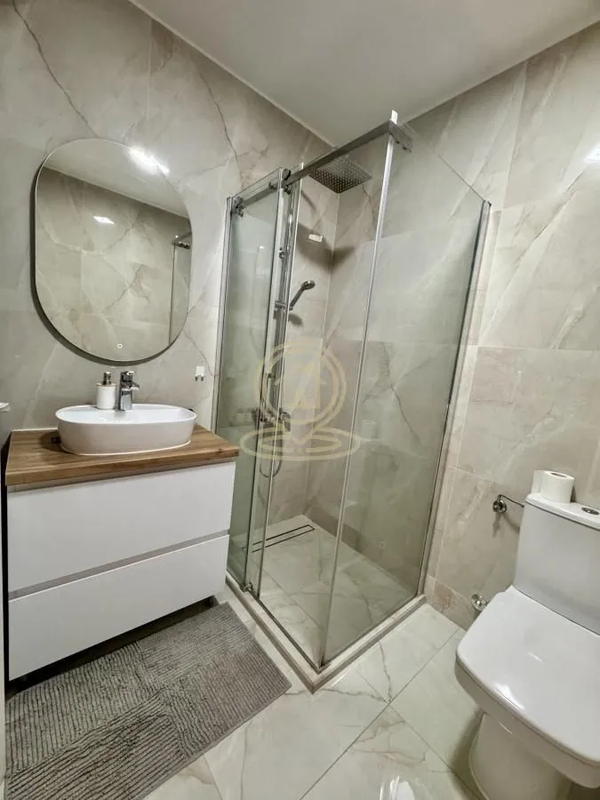 Modern bathroom with a shower enclosure, washbasin, and toilet.