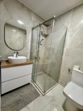 Modern bathroom with a shower enclosure, washbasin, and toilet. - image 13
