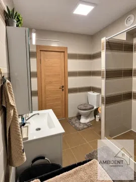 Modernly equipped bathroom with a washbasin, toilet, and walk-in shower. - image 10