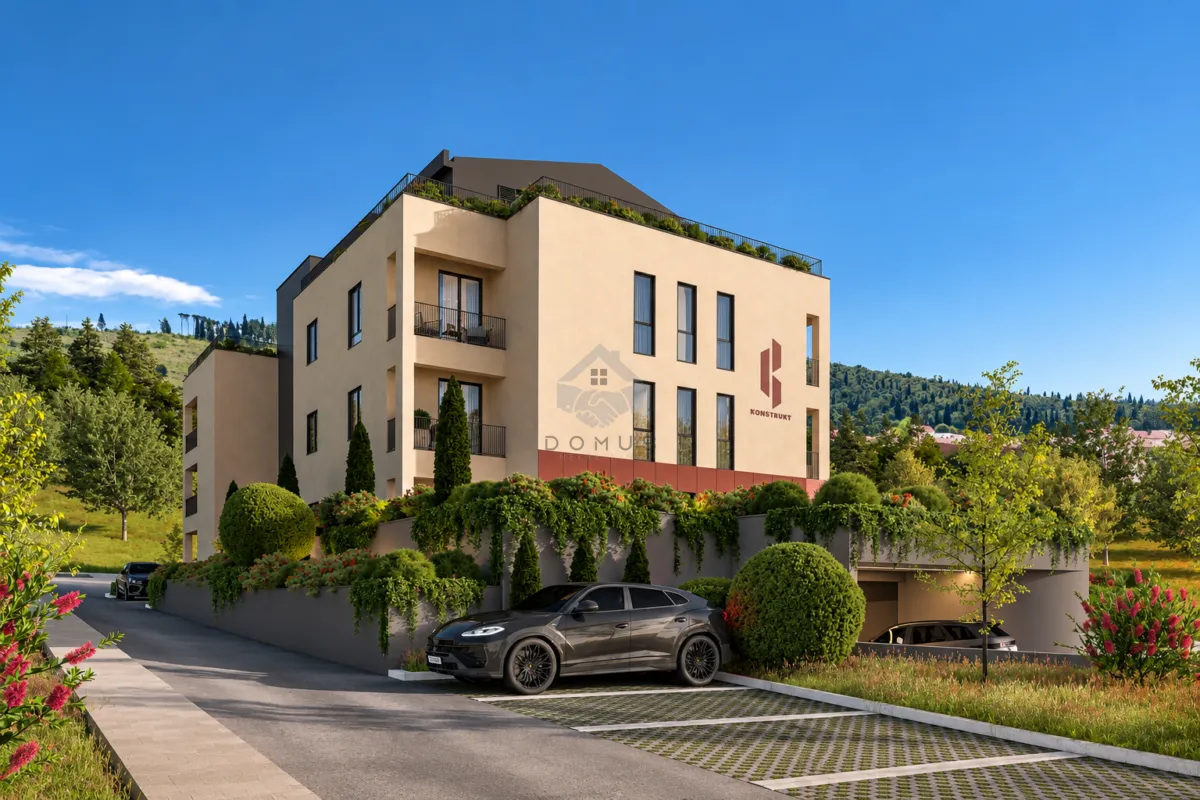 Exterior view of a modern residential building with landscaped yard and parking.