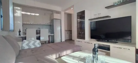 Svijetla dnevna soba sa ugaonom garniturom, televizorom i kuhinjom u pozadini. - image 16