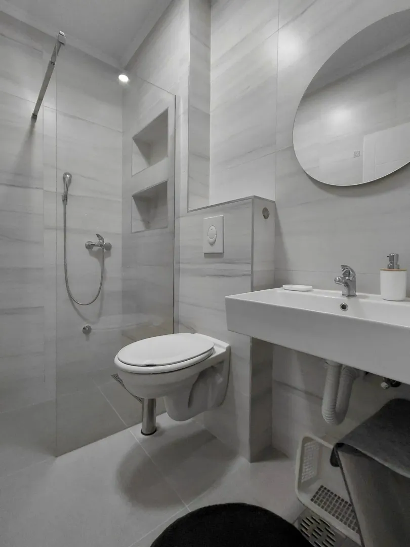 Modern bathroom equipped with a walk-in shower, washbasin, and toilet.