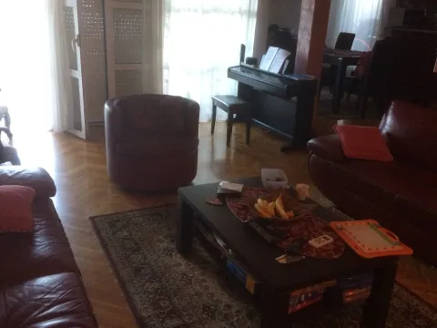 Dnevna soba sa kožnim namještajem, klub stolom i pianinom u pozadini. - image 8