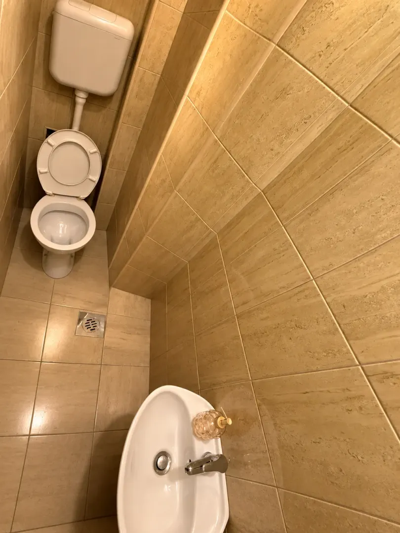 Smaller bathroom lined with beige tiles, featuring a toilet and a sink.