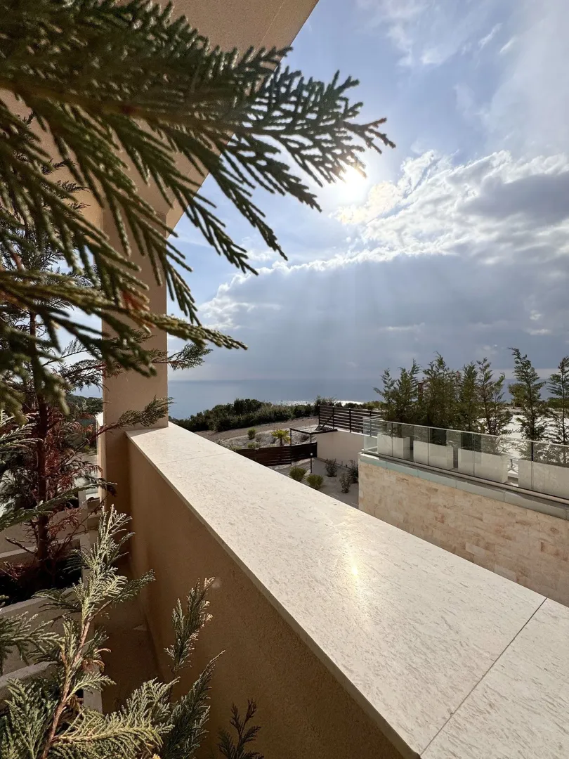 View from the terrace towards the yard and the sea in the distance.