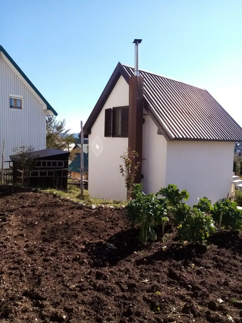 A small house with a garden in the yard.