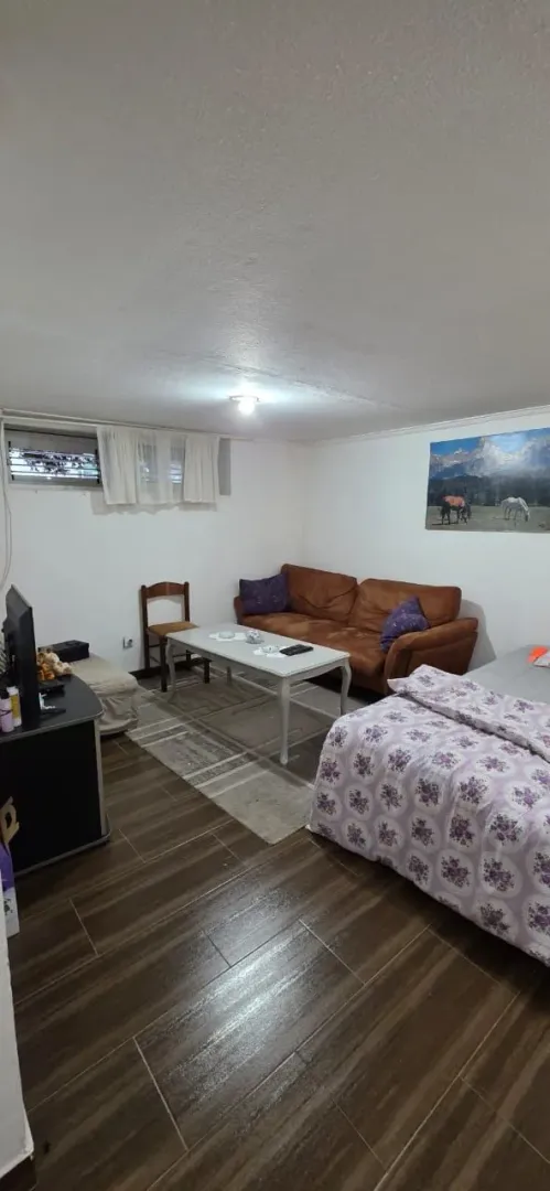 Dnevna soba sa garniturom za sedenje, stočićem i krevetom.