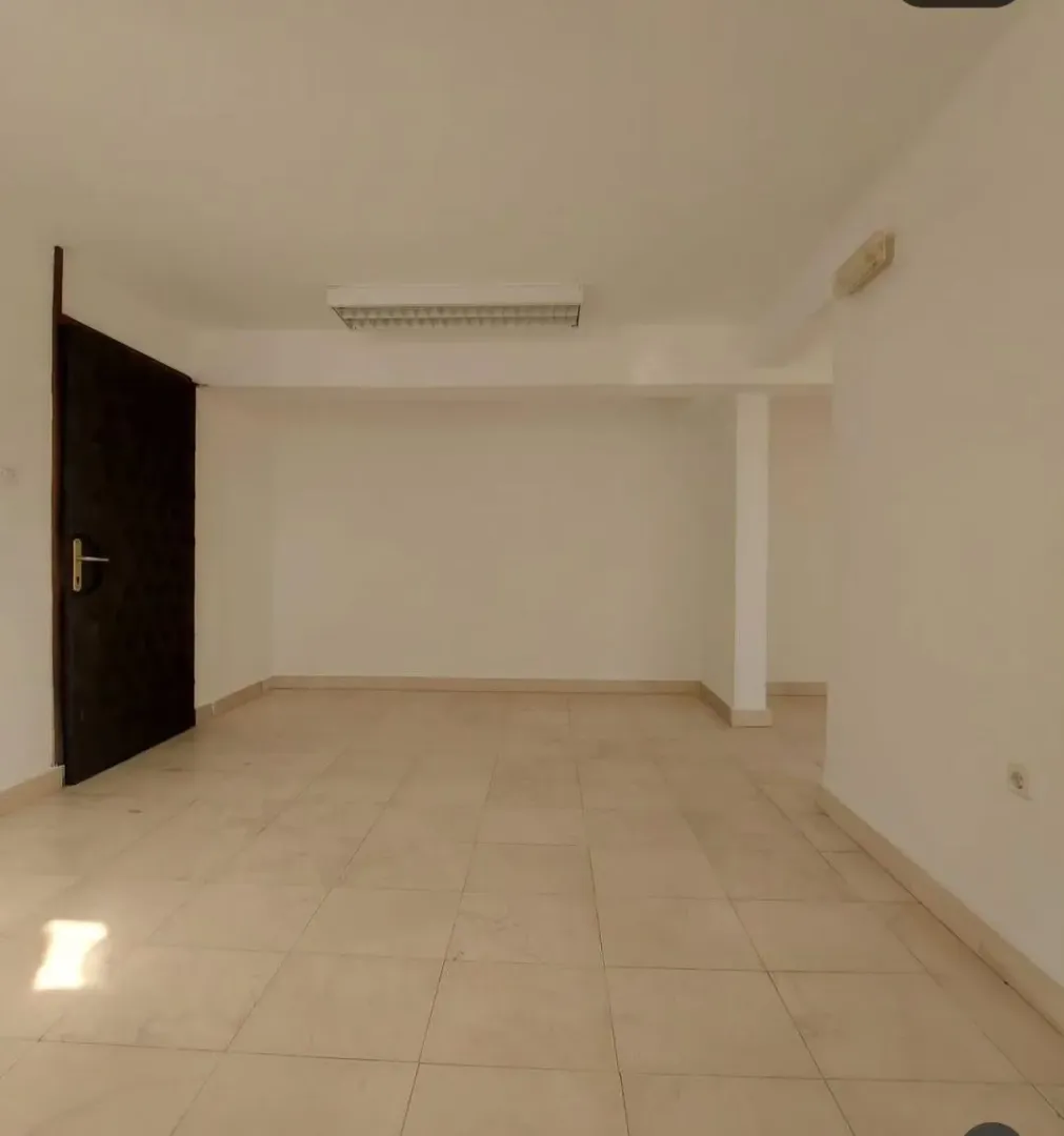 Empty bright room with tiled flooring and a dark door.
