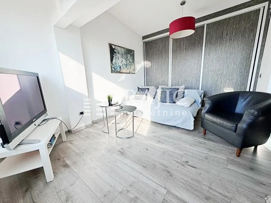 Living room with sofa, television and a coffee table.